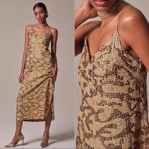 SOLD NWT Anthropologie Sequined Slip Midi Dress 6P $198 Gold Cocktail